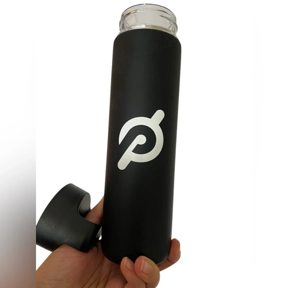 NEW Peleton Water Bottle 16 oz insulated Glass black silicone with paper inside